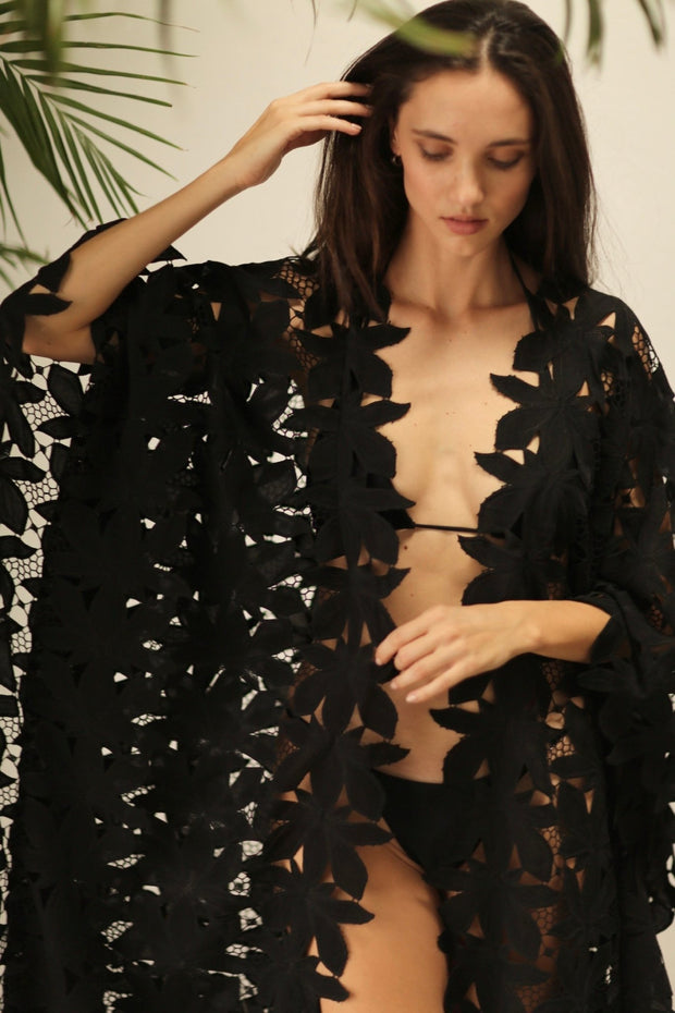 BLACK COTON LACE FLOWER KIMONO - sustainably made MOMO NEW YORK sustainable clothing, Embroidered Kimono slow fashion