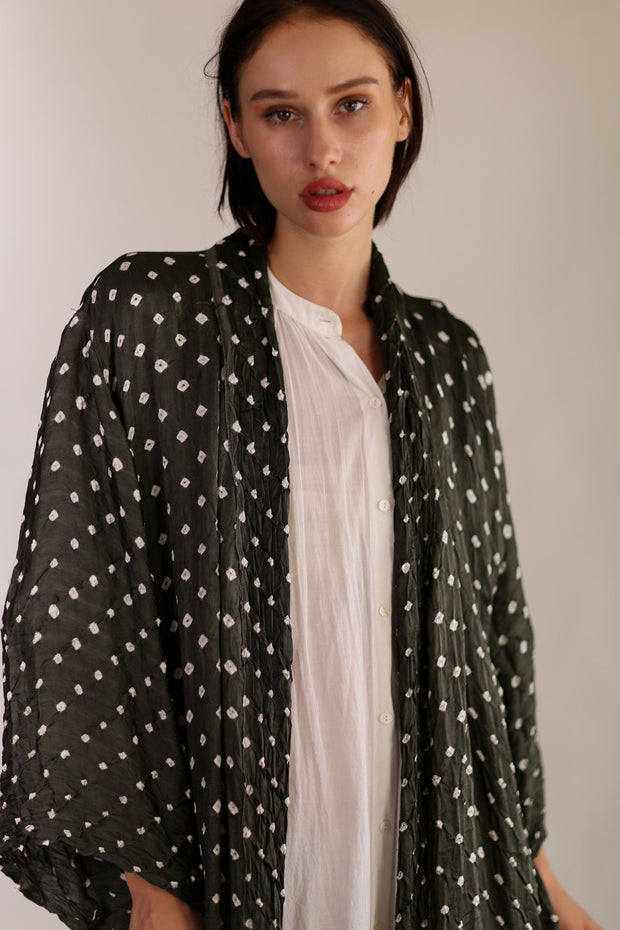 BLACK DOT SILK KIMONO LUNI - sustainably made MOMO NEW YORK sustainable clothing, Kimono slow fashion