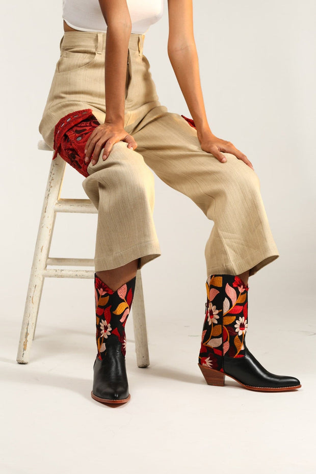 BLACK LEATHER BLACK EMBROIDERED WESTERN BOOTS X ANTHROPOLOGIE - sustainably made MOMO NEW YORK sustainable clothing, boots slow fashion