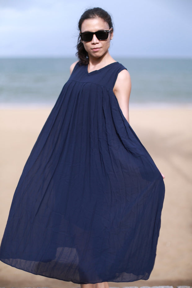 BLUE SLEEVELESS DRESS ARINA - sustainably made MOMO NEW YORK sustainable clothing, kaftan slow fashion