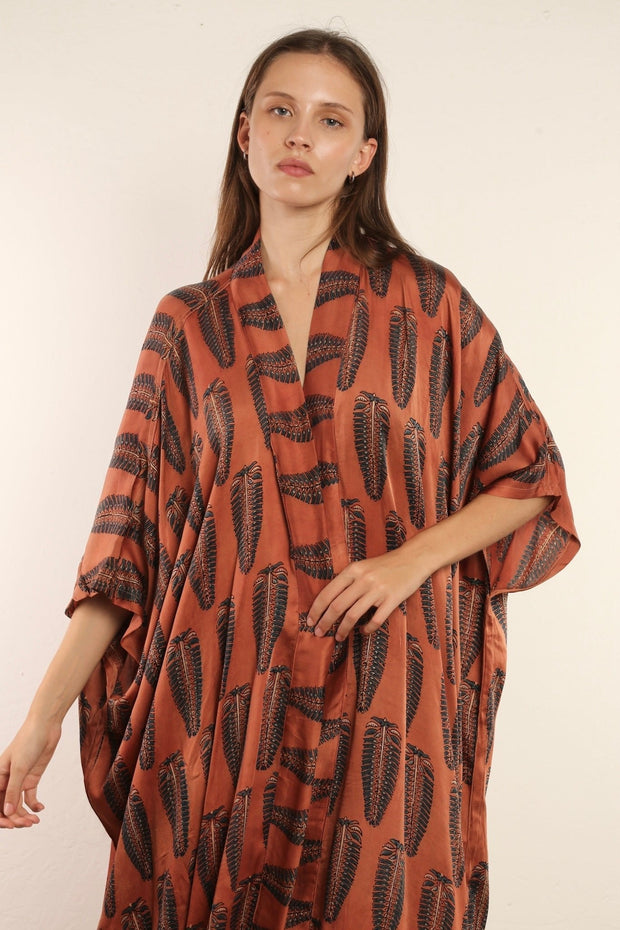 BROWN PLUME KIMONO SRISA - sustainably made MOMO NEW YORK sustainable clothing, kimono slow fashion