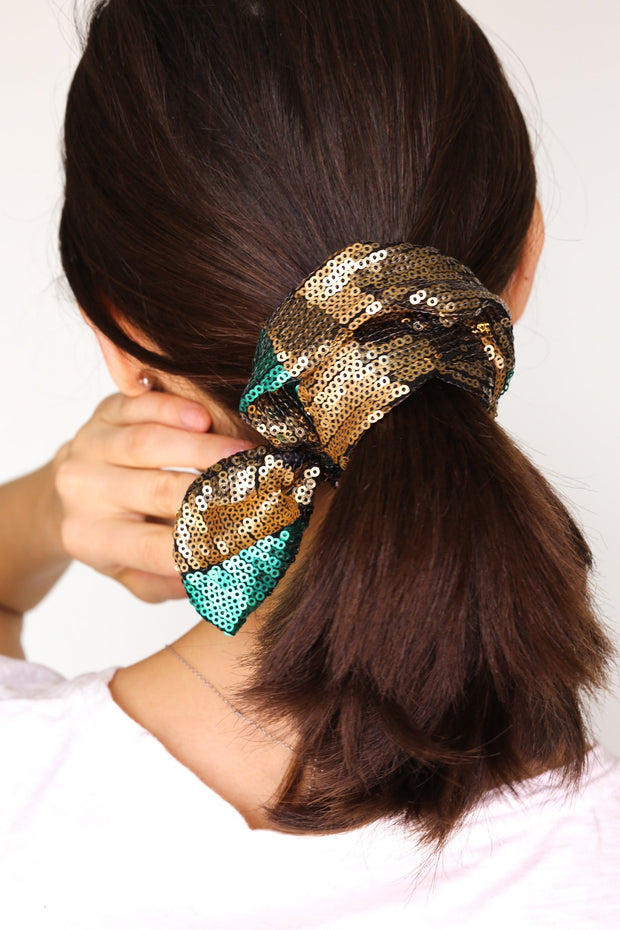 CAMOUFLAGE SEQUIN SCRUNCHIE HEADBAND - sustainably made MOMO NEW YORK sustainable clothing, sequence slow fashion