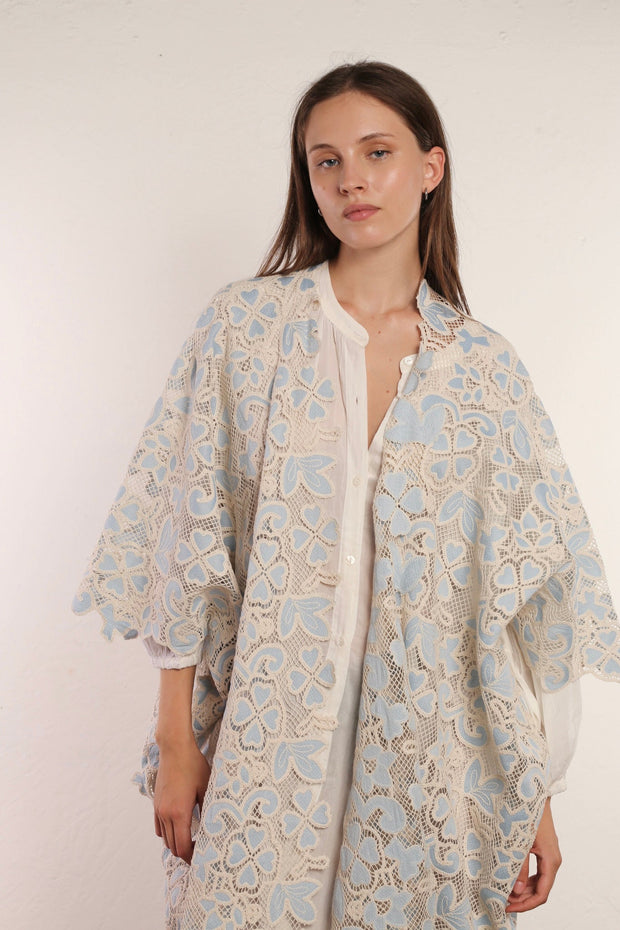 COTTTON LACE LIGHT BLUE FLOWER KIMONO - sustainably made MOMO NEW YORK sustainable clothing, kimono slow fashion