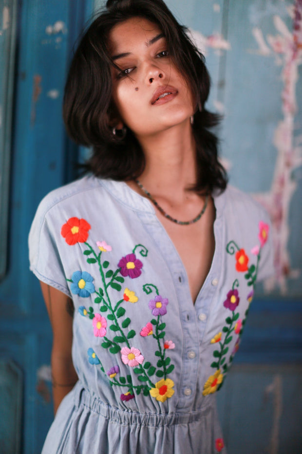 DENIM EMBROIDERED DRESS JENNA - sustainably made MOMO NEW YORK sustainable clothing, kaftan slow fashion