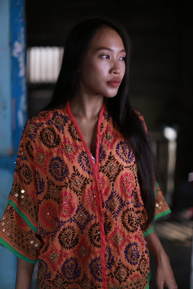 EMBROIDERED FRINGE KIMONO CASSY - sustainably made MOMO NEW YORK sustainable clothing, Kimono slow fashion