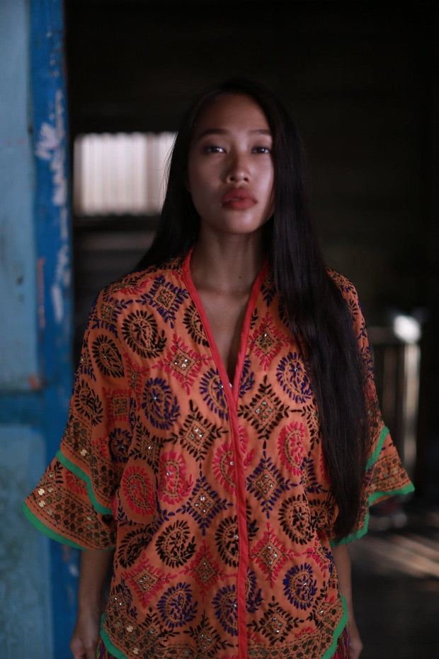EMBROIDERED FRINGE KIMONO CASSY - sustainably made MOMO NEW YORK sustainable clothing, Kimono slow fashion