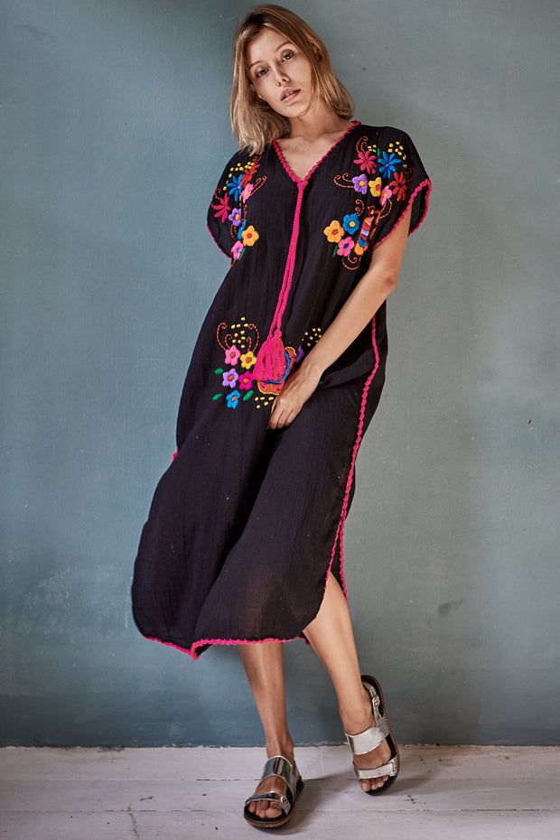 Embroidered Kaftan Dress Nova - sustainably made MOMO NEW YORK sustainable clothing, Boho Chic slow fashion