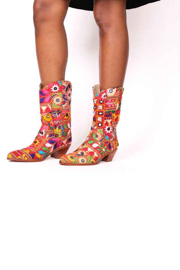 EMBROIDERED PATCHWORK BOOTS SAMSARA - sustainably made MOMO NEW YORK sustainable clothing, boots slow fashion
