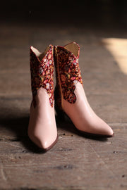 EMBROIDERED VELVET / PINK LEATHER BOOTS DAISY - sustainably made MOMO NEW YORK sustainable clothing, offer slow fashion