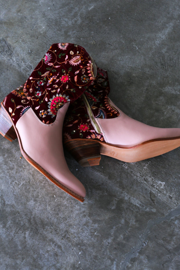 EMBROIDERED VELVET / PINK LEATHER BOOTS DAISY - sustainably made MOMO NEW YORK sustainable clothing, offer slow fashion