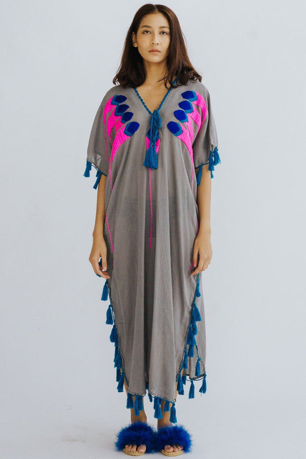 Feather Embroidered Caftan Tunic Shiona - sustainably made MOMO NEW YORK sustainable clothing, Boho Chic slow fashion