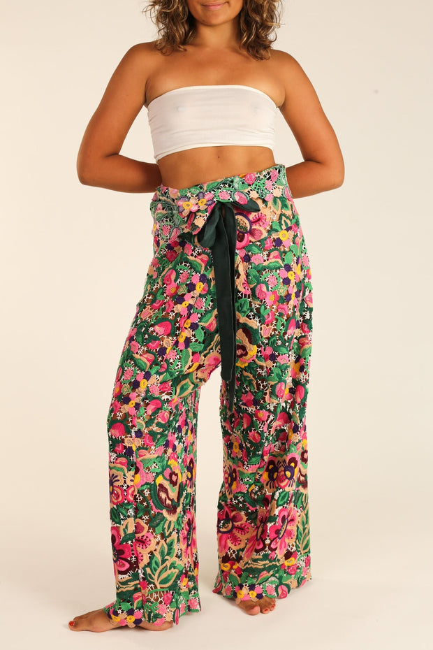 FLOWER GARDEN LACE FISHERMAN PANTS QUINT - sustainably made MOMO NEW YORK sustainable clothing, pants slow fashion
