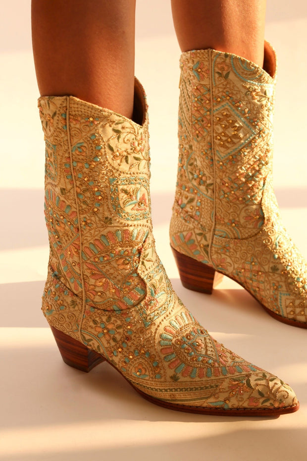 FLOWER SILK EMBROIDERED WESTERN BOOTS EMMAMIL - sustainably made MOMO NEW YORK sustainable clothing, boots slow fashion