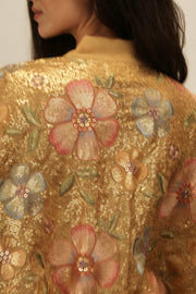 GOLDEN FLOWER CHIFFON SILK KIMONO - sustainably made MOMO NEW YORK sustainable clothing, Embroidered Kimono slow fashion