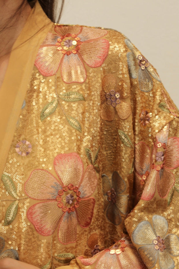 GOLDEN FLOWER CHIFFON SILK KIMONO - sustainably made MOMO NEW YORK sustainable clothing, Embroidered Kimono slow fashion