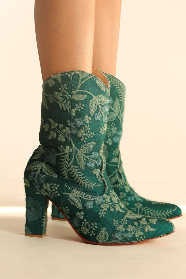 GREEN HIGH HEEL EMBROIDERED BOOTS SOPHIA - sustainably made MOMO NEW YORK sustainable clothing, boots slow fashion