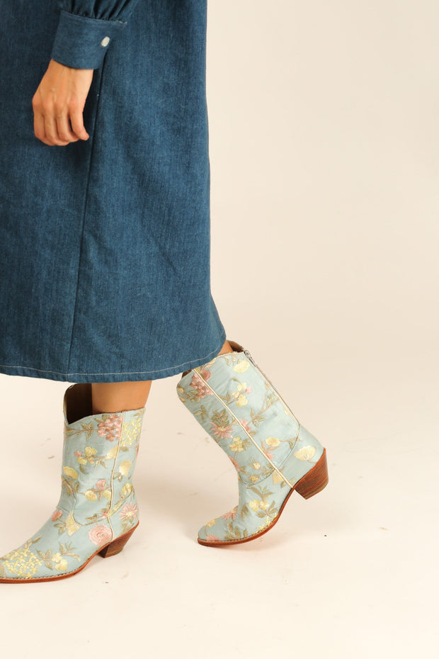 LIGHT BLUE EMBROIDERED BOOTS YANA - sustainably made MOMO NEW YORK sustainable clothing, boots slow fashion