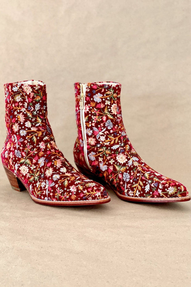 Little Flowers on Red Velvet - 40 - sustainably made MOMO NEW YORK sustainable clothing, ankle boots slow fashion