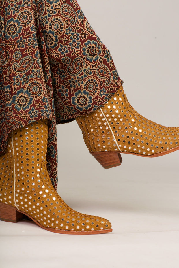 MUSTARD EMBELLISHED SILK BOOTS SANDY - sustainably made MOMO NEW YORK sustainable clothing, boots slow fashion