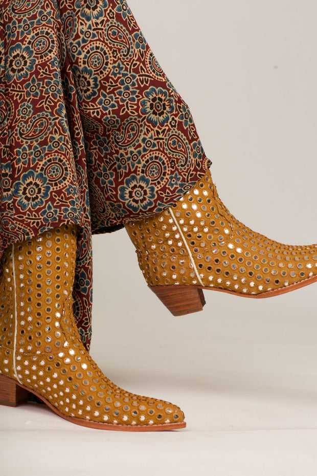MUSTARD EMBELLISHED SILK BOOTS SANDY - sustainably made MOMO NEW YORK sustainable clothing, boots slow fashion