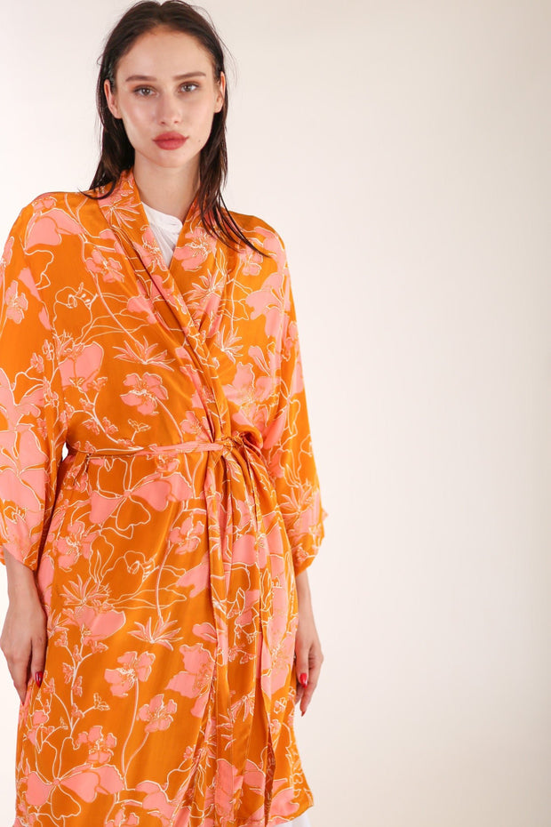 ORANGE FLOWER PRINT SILK KIMONO GOLBY - sustainably made MOMO NEW YORK sustainable clothing, Kimono slow fashion