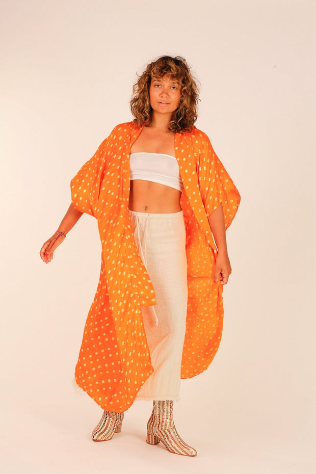ORANGE POLKA DOT SILK KIMONO - sustainably made MOMO NEW YORK sustainable clothing, Kimono slow fashion