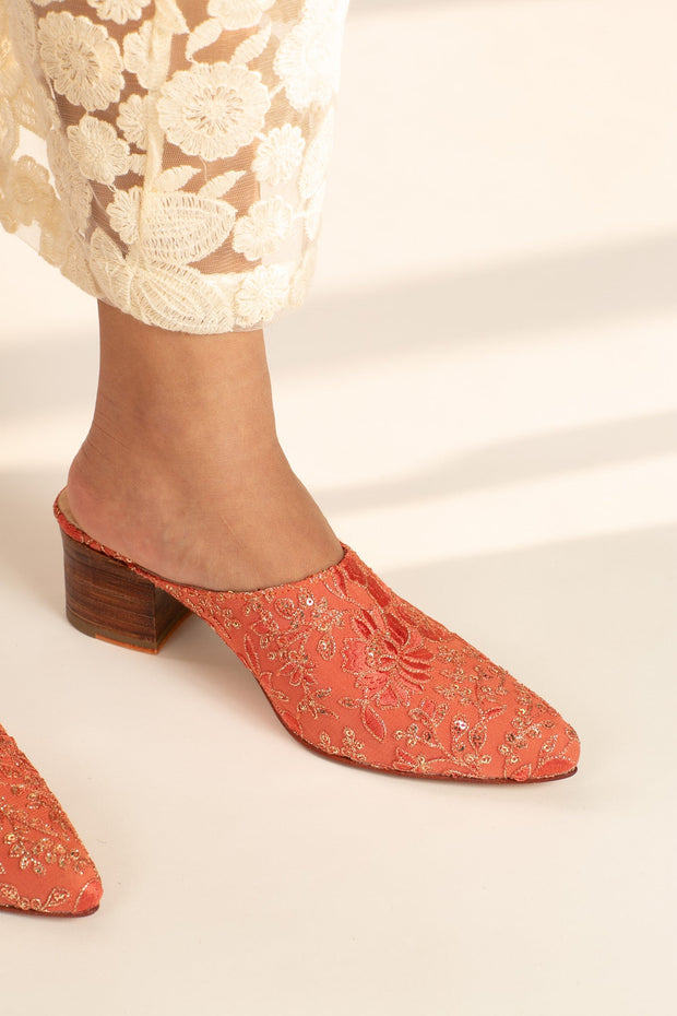 PEACH SILK EMBROIDERED HEELED MULES LEILY - sustainably made MOMO NEW YORK sustainable clothing, mules slow fashion