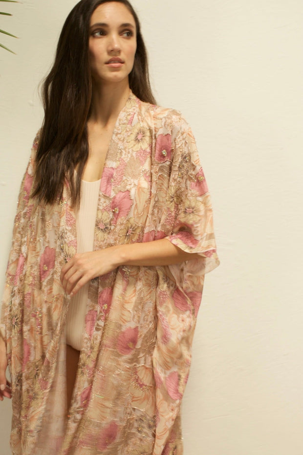 PINK GOLDEN SILK FLOWER KIMONO - sustainably made MOMO NEW YORK sustainable clothing, Embroidered Kimono slow fashion