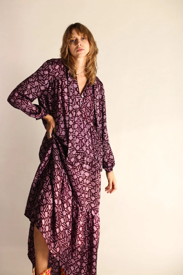 PURPLE LONG SLEEVE DRESS LAURINE - sustainably made MOMO NEW YORK sustainable clothing, dress slow fashion