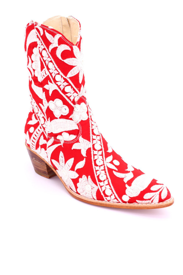 RED EMBROIDERED ANKLE BOOTS MARA - sustainably made MOMO NEW YORK sustainable clothing, boots slow fashion