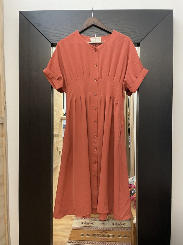 Salmon Safari Pleated Dress - ONE & ONLY - sustainably made MOMO NEW YORK sustainable clothing, Boho Chic slow fashion