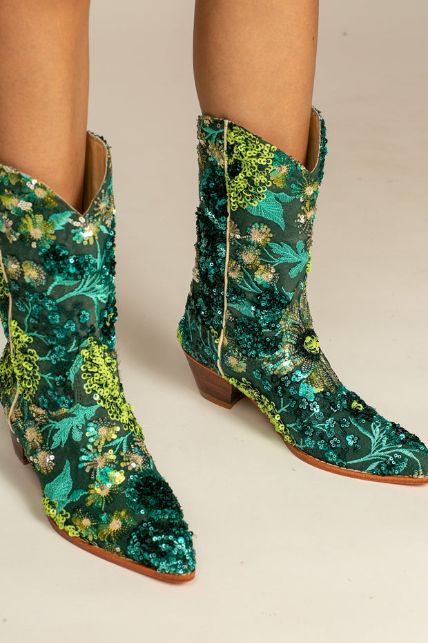 SELINA SEQUIN EMBROIDERED BOOTS FOREST GREEN - sustainably made MOMO NEW YORK sustainable clothing, boots slow fashion