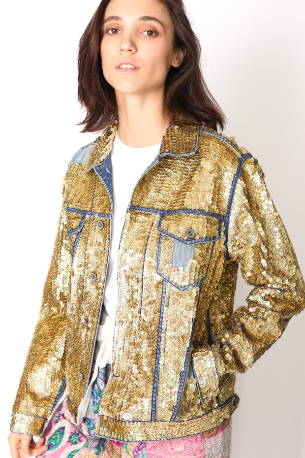 SEQUIN EMBROIDERED DENIM JACKET (GOLD) - sustainably made MOMO NEW YORK sustainable clothing, preorder slow fashion