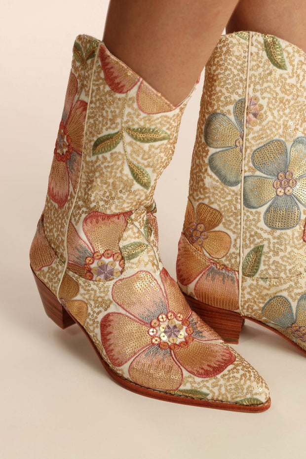 SEQUIN EMBROIDERED WESTERN BOOTS SILK GABRIELA - sustainably made MOMO NEW YORK sustainable clothing, boots slow fashion