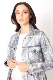 SEQUIN HAND EMBROIDERED DENIM JACKET DEMI (SILVER) - sustainably made MOMO NEW YORK sustainable clothing, preorder slow fashion
