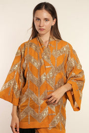 SHORT YELLOW GOLDEN KIMONO GRETA - sustainably made MOMO NEW YORK sustainable clothing, kimono slow fashion