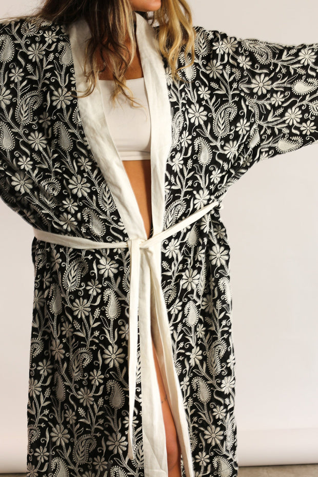 SILK COTTON EMBROIDERED PAISLEY DESIGN KIMONO ALEC - sustainably made MOMO NEW YORK sustainable clothing, Kimono slow fashion
