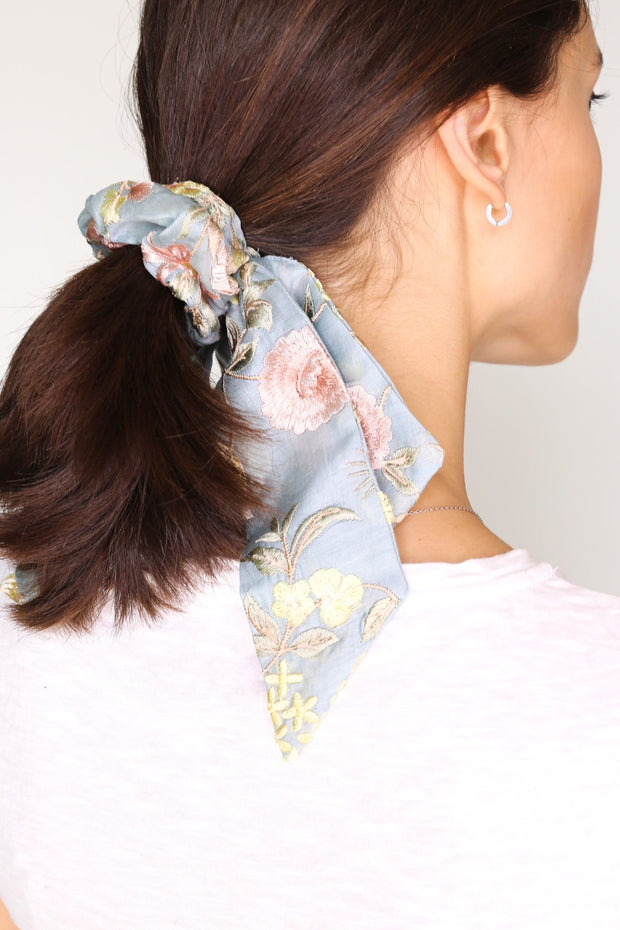 SILK EMBROIDERED COTTON SCRUNCHIE BOW - sustainably made MOMO NEW YORK sustainable clothing, slow fashion