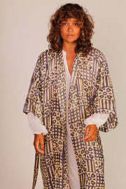 SILK GREY PRINT KIMONO KAREN - sustainably made MOMO NEW YORK sustainable clothing, Kimono slow fashion