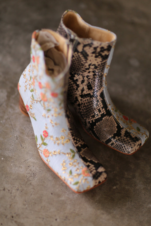 SPLIT SNAKE SKIN LEATHER EMBROIDERED SILK BOOTS - sustainably made MOMO NEW YORK sustainable clothing, boots slow fashion