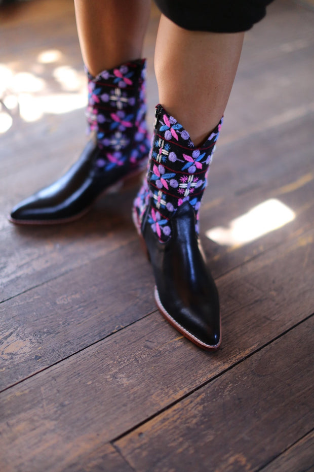 TRIBAL EMBROIDERED POINTED ANKLE BOOTS NALIA - sustainably made MOMO NEW YORK sustainable clothing, boots slow fashion