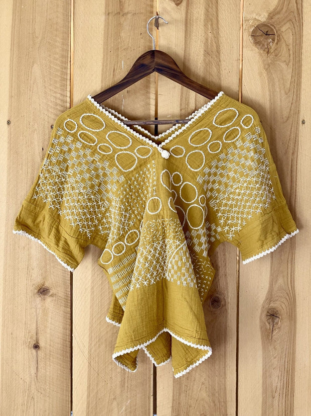 Tribal - Hand Stitch Blouse Yellow - sustainably made MOMO NEW YORK sustainable clothing, saleojai slow fashion