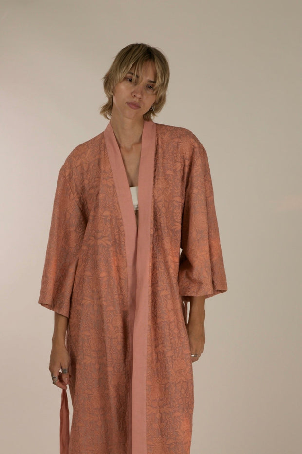 TUSSER SILK PEACH EMBROIDERED KIMONO ZOLA - sustainably made MOMO NEW YORK sustainable clothing, slow fashion