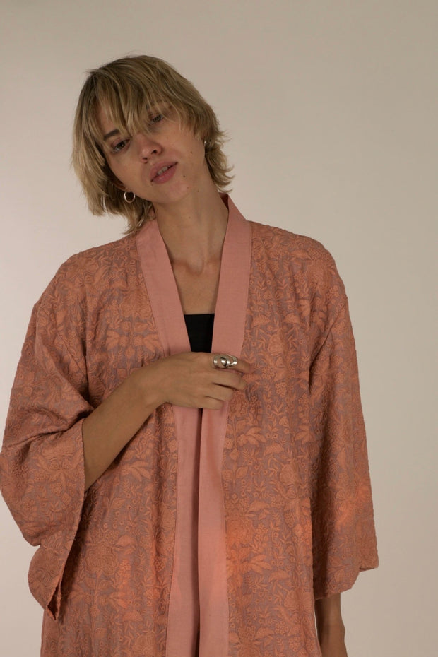 TUSSER SILK PEACH EMBROIDERED KIMONO ZOLA - sustainably made MOMO NEW YORK sustainable clothing, slow fashion