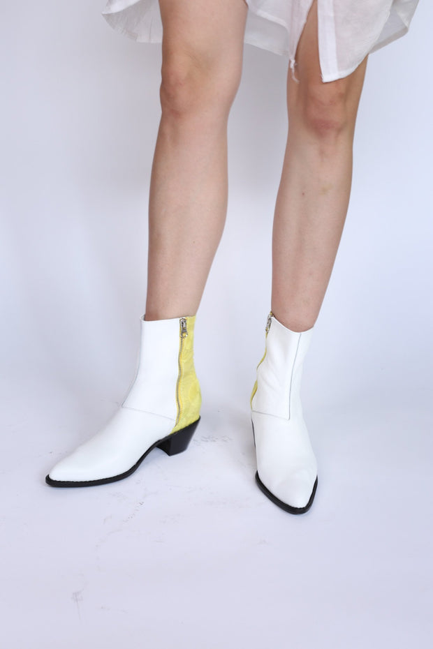 WHITE LEATHER YELLOW EMBROIDERED FABRIC BOOTS AGNETHA - sustainably made MOMO NEW YORK sustainable clothing, boots slow fashion