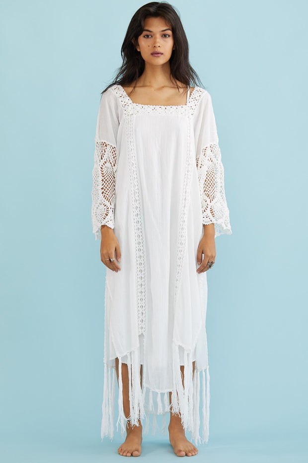 White Maxi Kaftan Dress Hanneli - sustainably made MOMO NEW YORK sustainable clothing, Boho Chic slow fashion